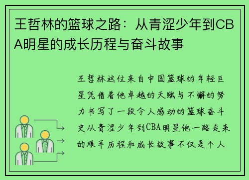 王哲林的篮球之路：从青涩少年到CBA明星的成长历程与奋斗故事