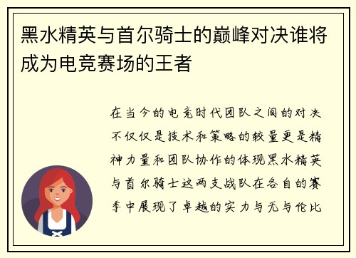 黑水精英与首尔骑士的巅峰对决谁将成为电竞赛场的王者