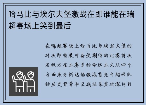 哈马比与埃尔夫堡激战在即谁能在瑞超赛场上笑到最后