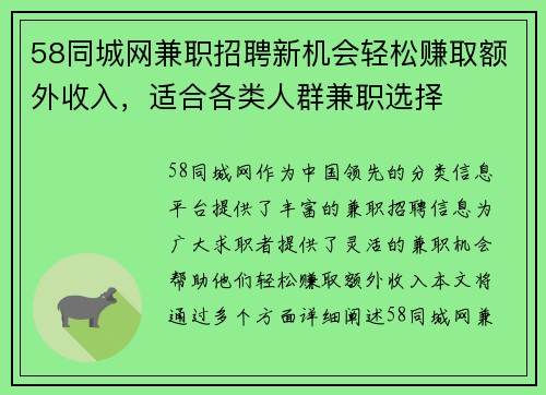 58同城网兼职招聘新机会轻松赚取额外收入，适合各类人群兼职选择