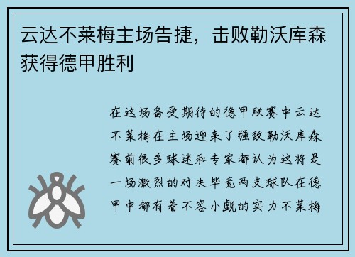 云达不莱梅主场告捷，击败勒沃库森获得德甲胜利