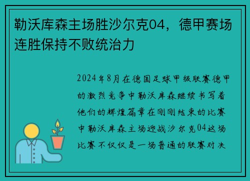 勒沃库森主场胜沙尔克04，德甲赛场连胜保持不败统治力