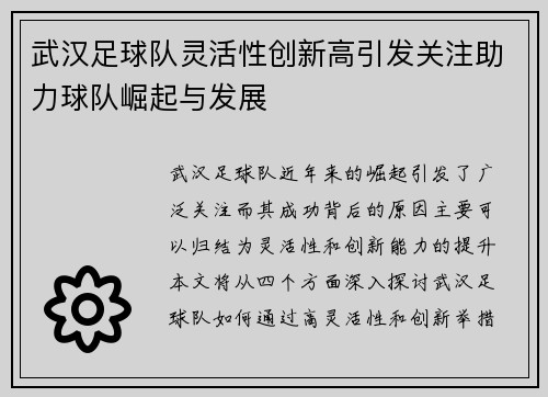 武汉足球队灵活性创新高引发关注助力球队崛起与发展