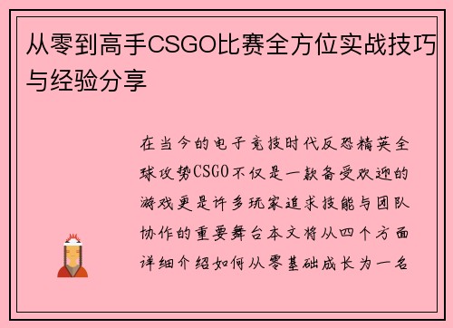 从零到高手CSGO比赛全方位实战技巧与经验分享