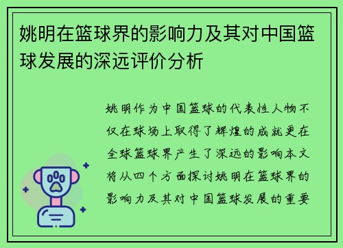 姚明在篮球界的影响力及其对中国篮球发展的深远评价分析