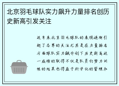 北京羽毛球队实力飙升力量排名创历史新高引发关注