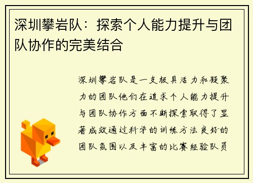 深圳攀岩队：探索个人能力提升与团队协作的完美结合
