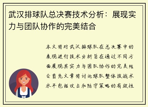 武汉排球队总决赛技术分析：展现实力与团队协作的完美结合
