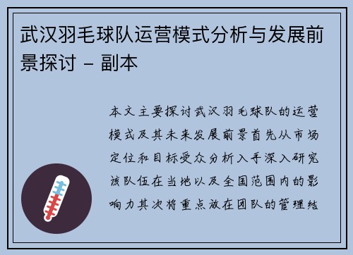 武汉羽毛球队运营模式分析与发展前景探讨 - 副本